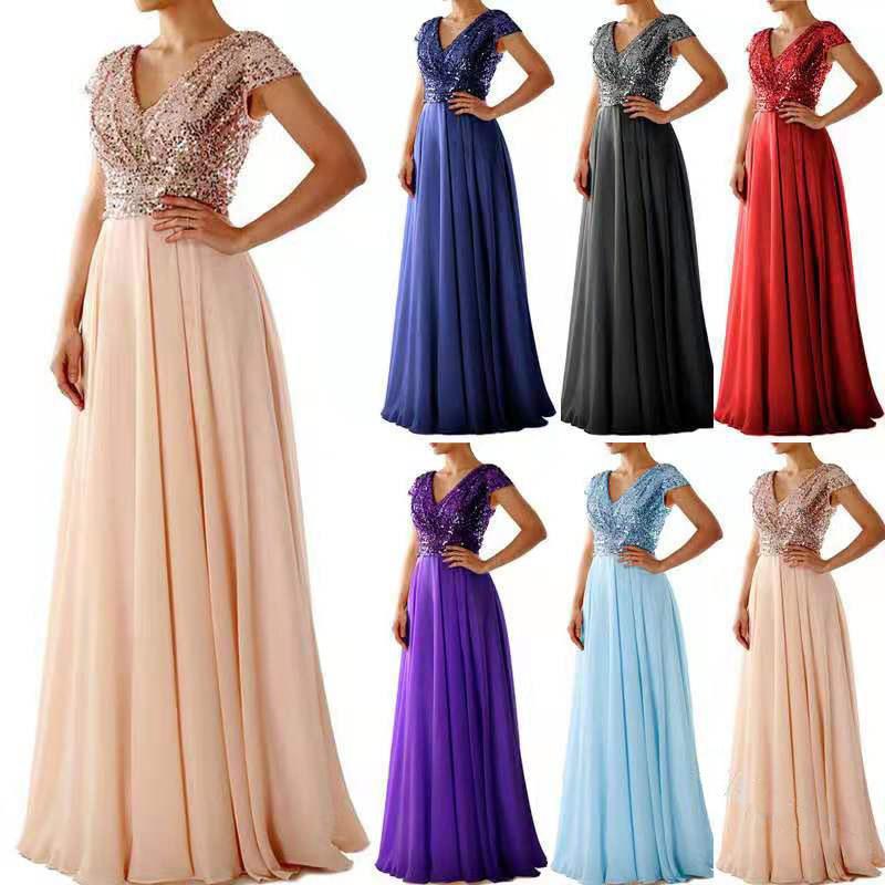 2023 Cross-border New Spring and Summer European and American Women's Foreign Trade Dress V-neck Sequin Chiffon Stitching Evening Dress