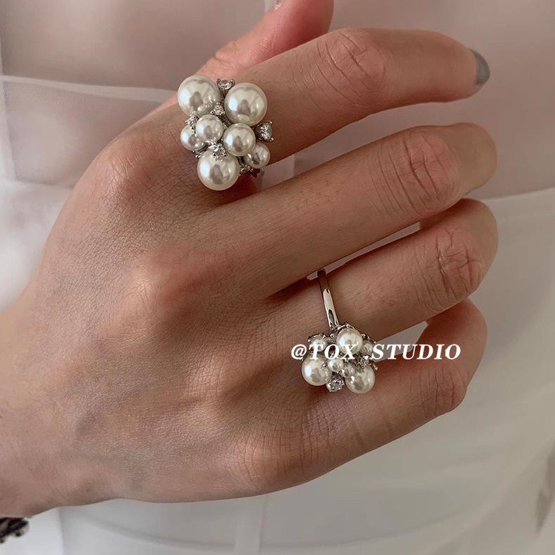 Niche Design Starry Pearl Zircon Ring, Light Luxury, High-End Feel, Versatile Autumn and Winter Open Ring