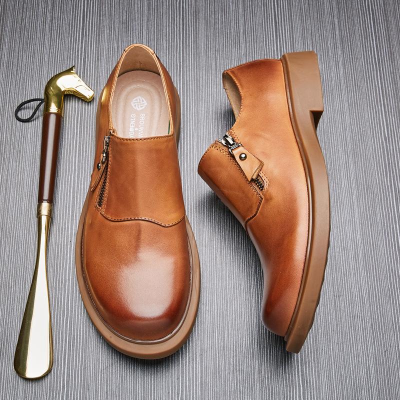 British Fashion Retro Casual Zipper Men's Shoes Business Big Toe Leather Shoes Men's Low-top Soft Face Thick Bottom Leather Slip-on