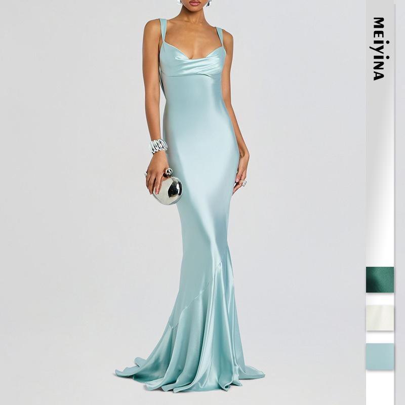 2026 European and American cross-border women's fashion new style high-end satin elegant strapless backless sexy bodycon evening gown