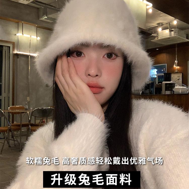 Furry Rabbit Fur Fisherman Hat Winter Hat Large Head Circumference High-End Feel Autumn and Winter Bucket Hat Warm Reversible Wear Bucket Hat