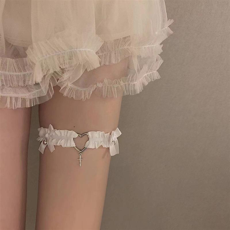 Bowknot Heart Leg Ring Female Punk Lace Thigh Jewelry Neck Strap Collar Clavicle Chain Accessory Leg Chain Heart-Shaped