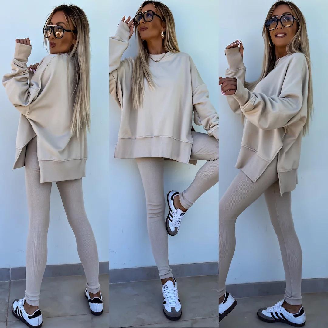 2026 Amazon New Foreign Trade Spring Women's Clothing European and American Casual Tight-Fitting Pants Loose Sweatshirt Set Two-Piece Set