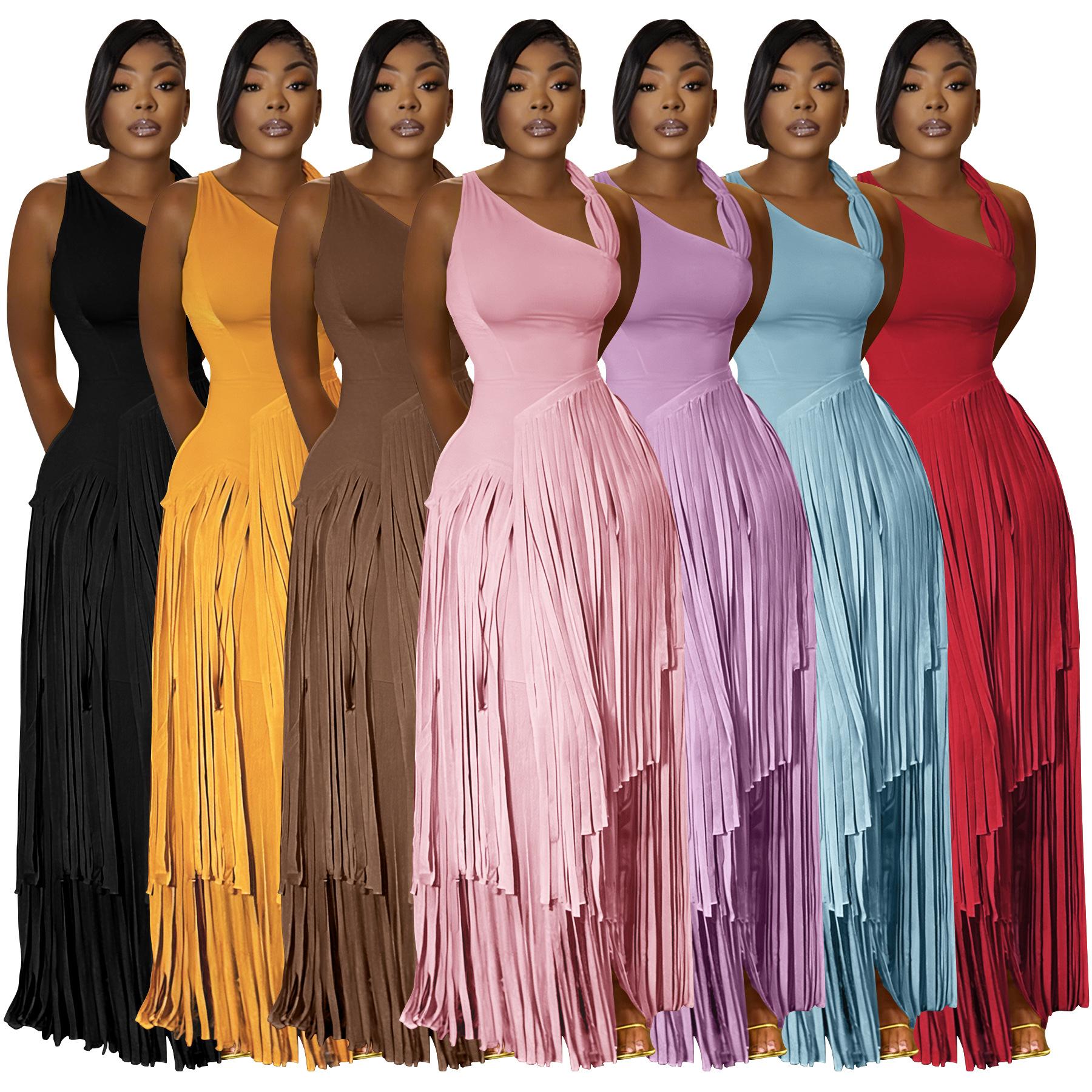 11017 Cross-Border Supply for European and American Foreign Trade Women's Clothing Amazon Solid Color Tassel Dress Elegant Slim-Fit Dress
