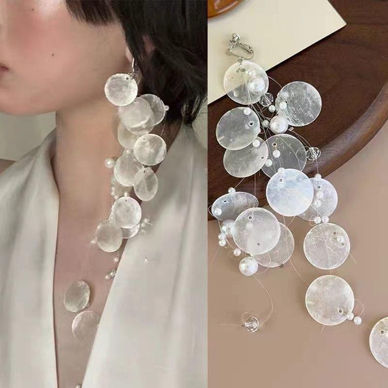 French-Style Shell Tassel Earrings for Women, Exaggerated Long Versatile Clip-On Earrings for Non-Pierced Ears, Elegant Bridal Ear Accessories