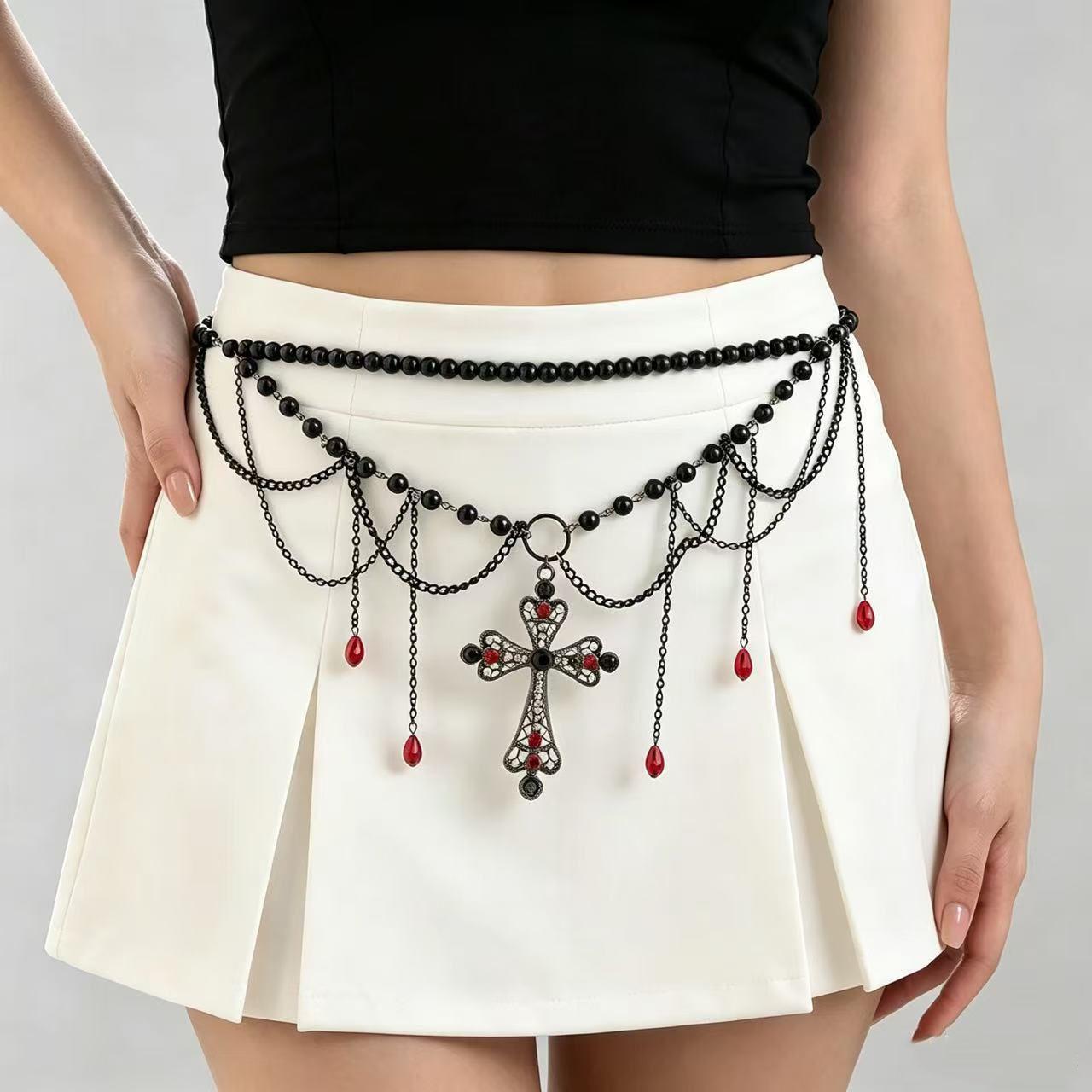 Sweet and Cool Girl's Cross Tassel Waist Chain, European and American Style Beaded Waist Accessory, Unique Hip-Hop Versatile Clothing Accessory