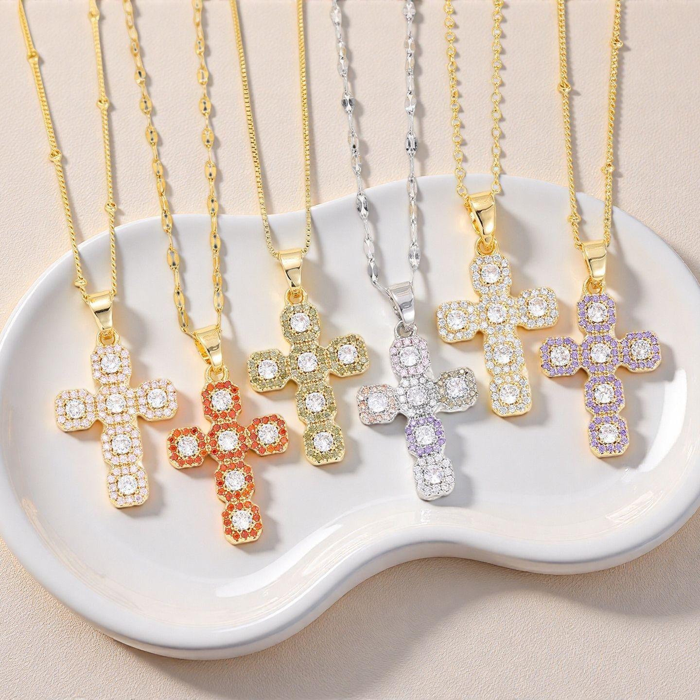 Amazon Cross-Border Popular Full Diamond Versatile Colorful Zircon Cross Pendant Necklace High-End Gold-Plated Pendant