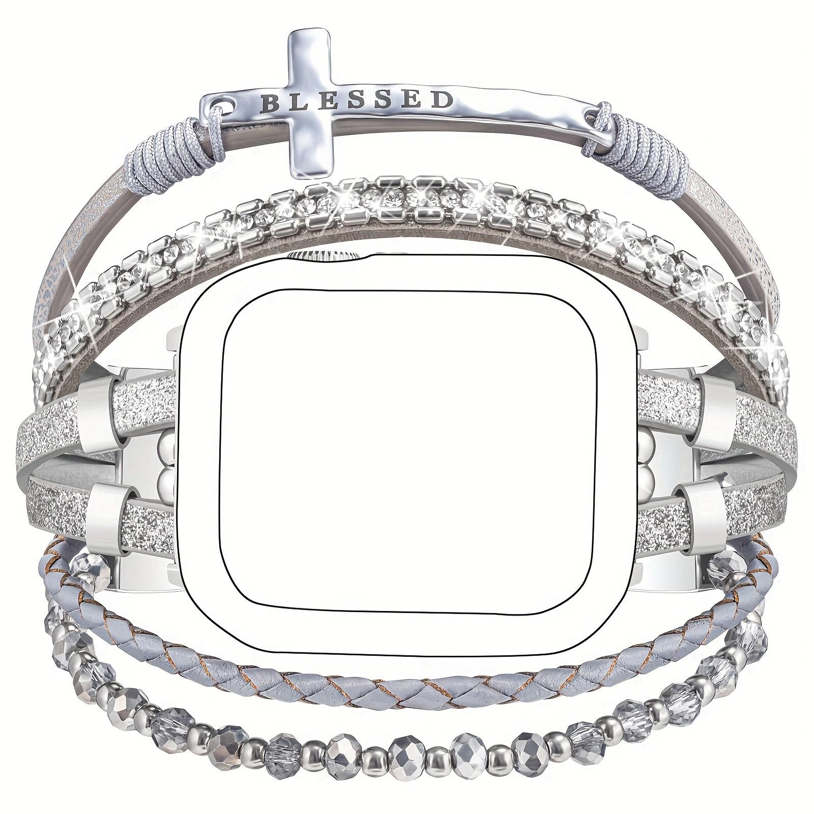 New Cross with Crystal Bead Chain Comfortable Leather Watch Strap Suitable for All Apple Watch Series 38-49mm