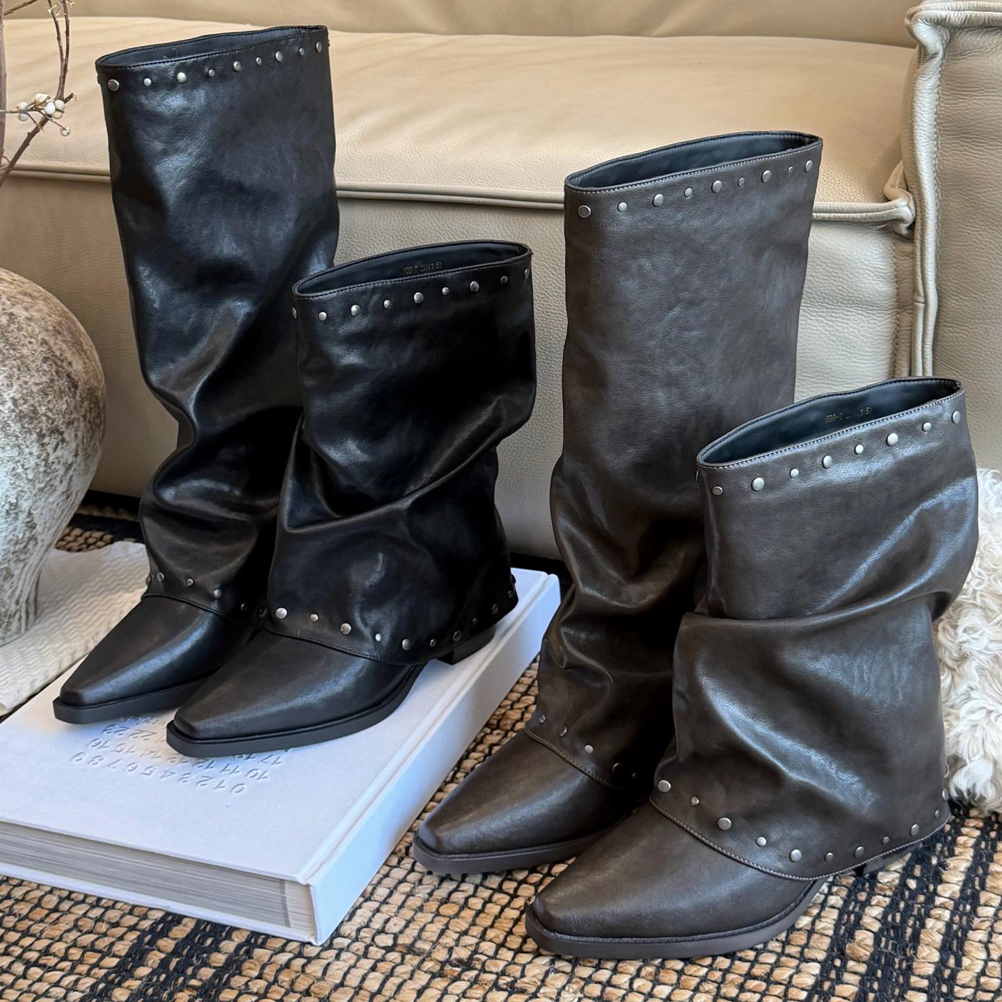 Chuyuji retro pointed-toe studded long boots for women, 2026 new autumn and winter versatile slimming European and American style stacked boots