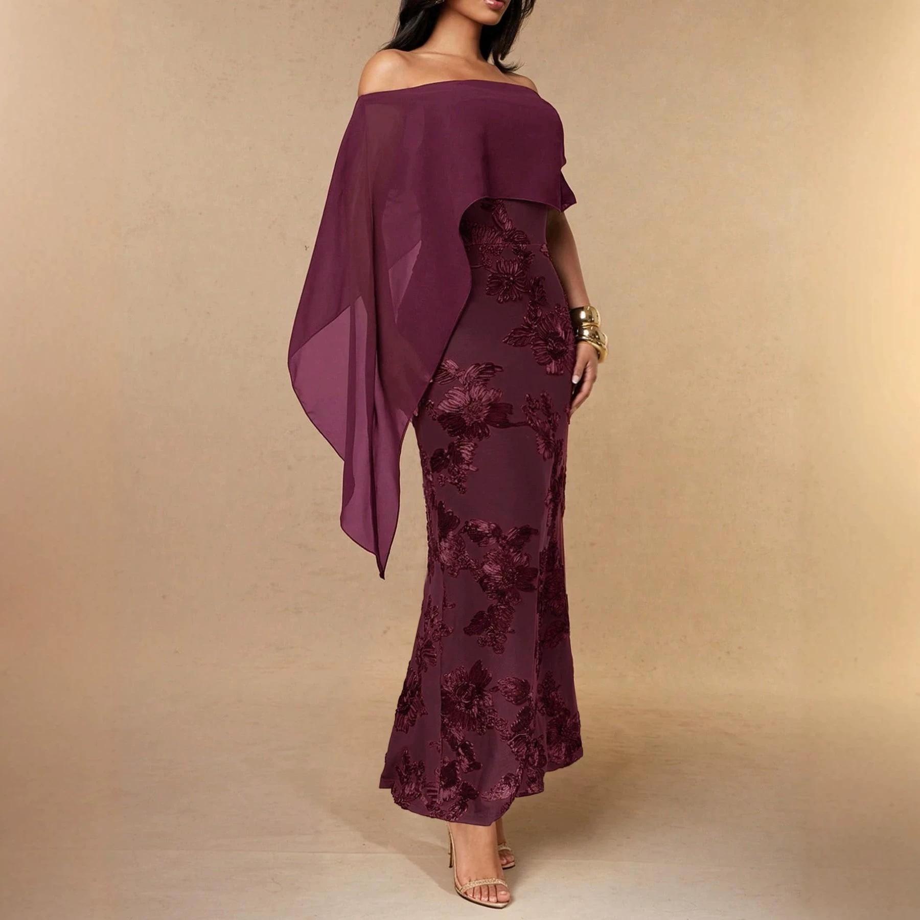 Elegant European and American style formal gown with draped, flowing cape sleeves, off-the-shoulder design, floral embroidery, and a slim-fitting long dress