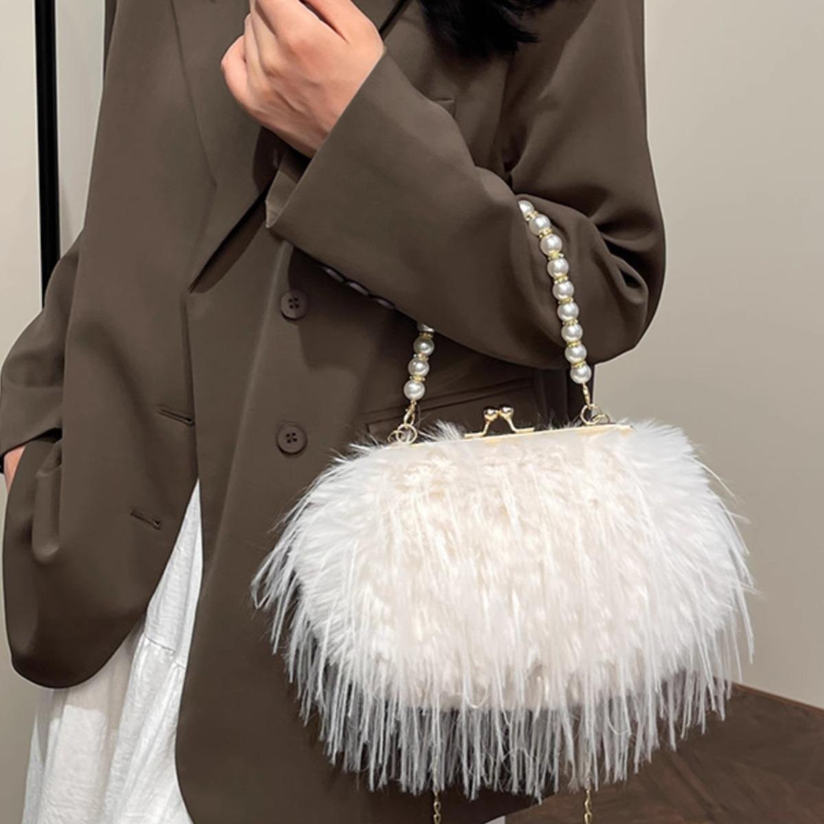 Exquisite Furry Hair Bag Crossbody Bag Women's 2024 New Autumn and Winter Plush Bag Pearl Chain Handbag