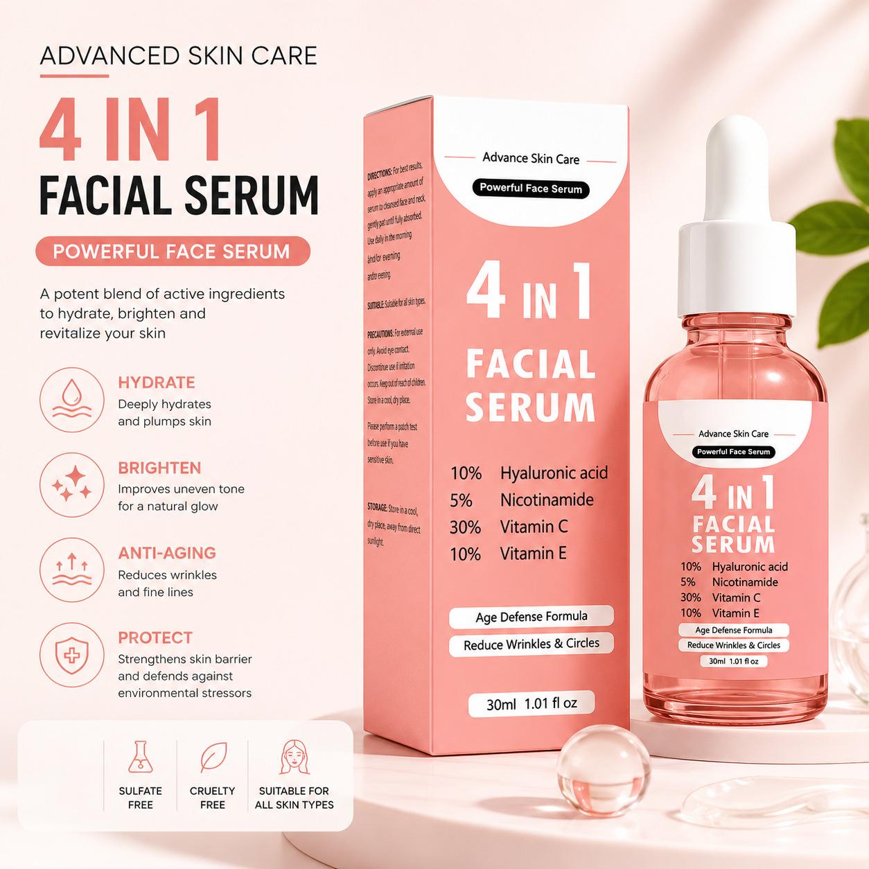 Cross-border Face Essence 4 in 1 Face serum Compact Essence Liquid Liquid Brightening Moisturizing Multi-effect