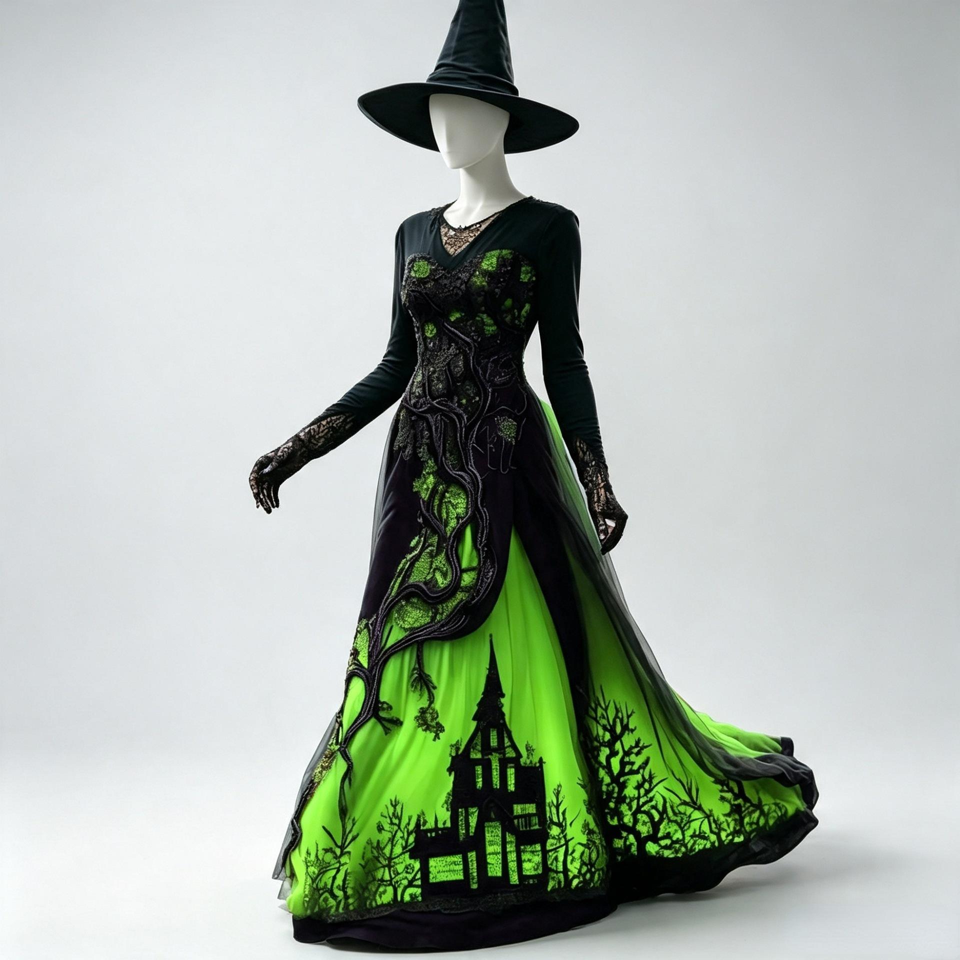 2026 Cross-Border European and American Amazon Halloween Costume Treehouse Thorns Lace Chiffon Long Gown Dress
