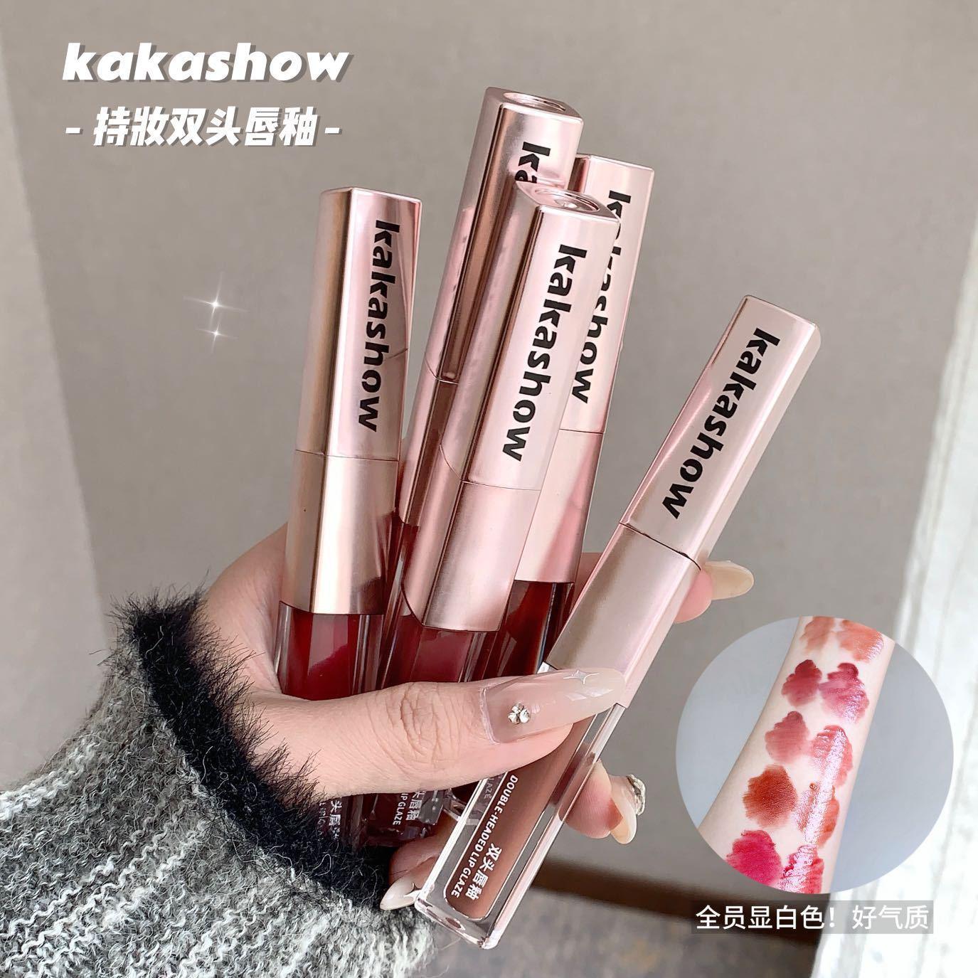Kakashow Long-Lasting Double-Ended Lip Glaze Matte Mirror Double Texture Lipstick Delicate Silky Smooth Non-Stick Pattern Drop Shipping