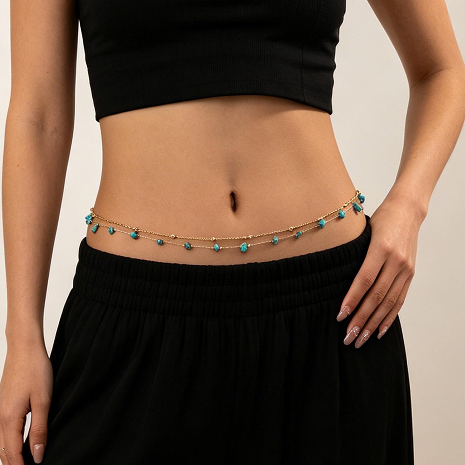 European and American Style Double-Layer Turquoise Waist Chain, Bohemian Vacation Style Belly Chain, Hot Girl Beach Outfit Body Accessory