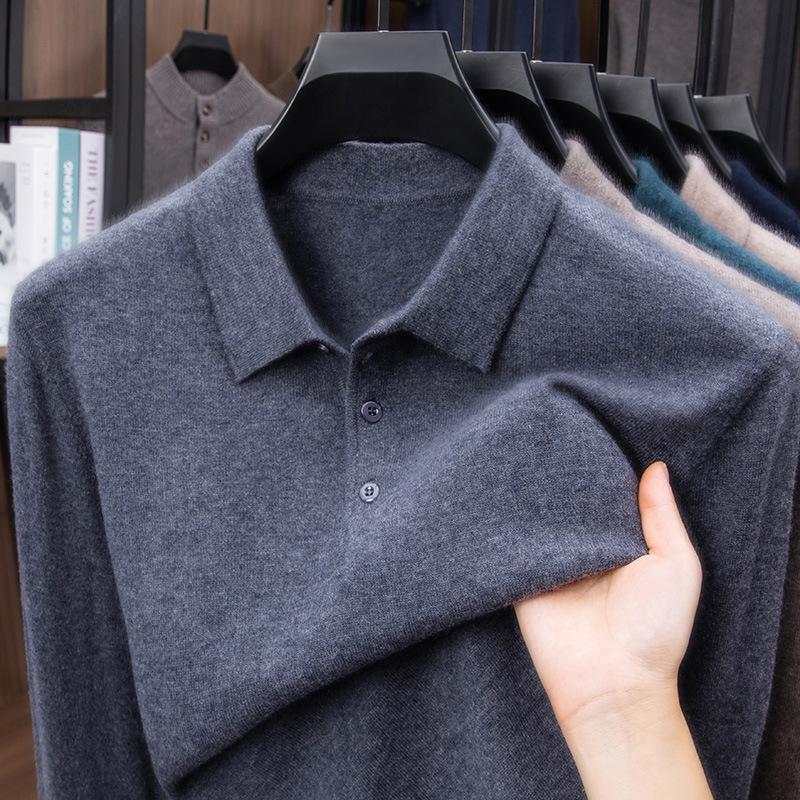 Anti-Pilling Wool 100% Thickeneded Wool Sweater Work Clothing Lapel Pure Color Warm High-End Sweater Men's Dad Wear Inner Wear