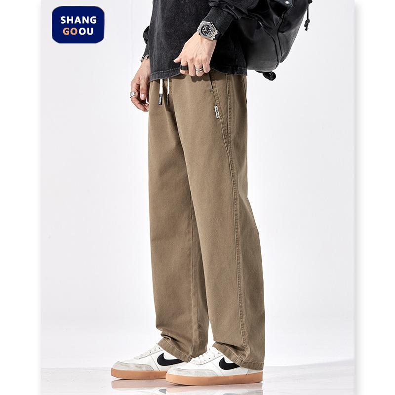 Shanggu men's khaki cotton pants men's fashion brand loose straight pants retro cotton men's casual pants