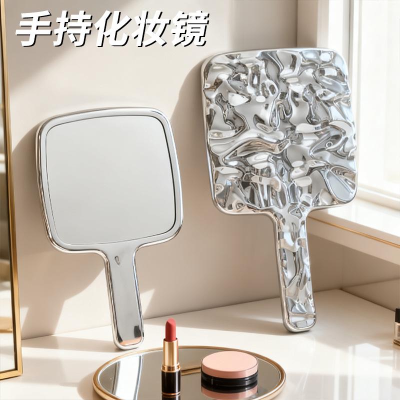 Electroplated High-End Handheld Style Student Makeup Mirror Retro Home Ins Portable Bathroom Dormitory Portable Handheld Mirror