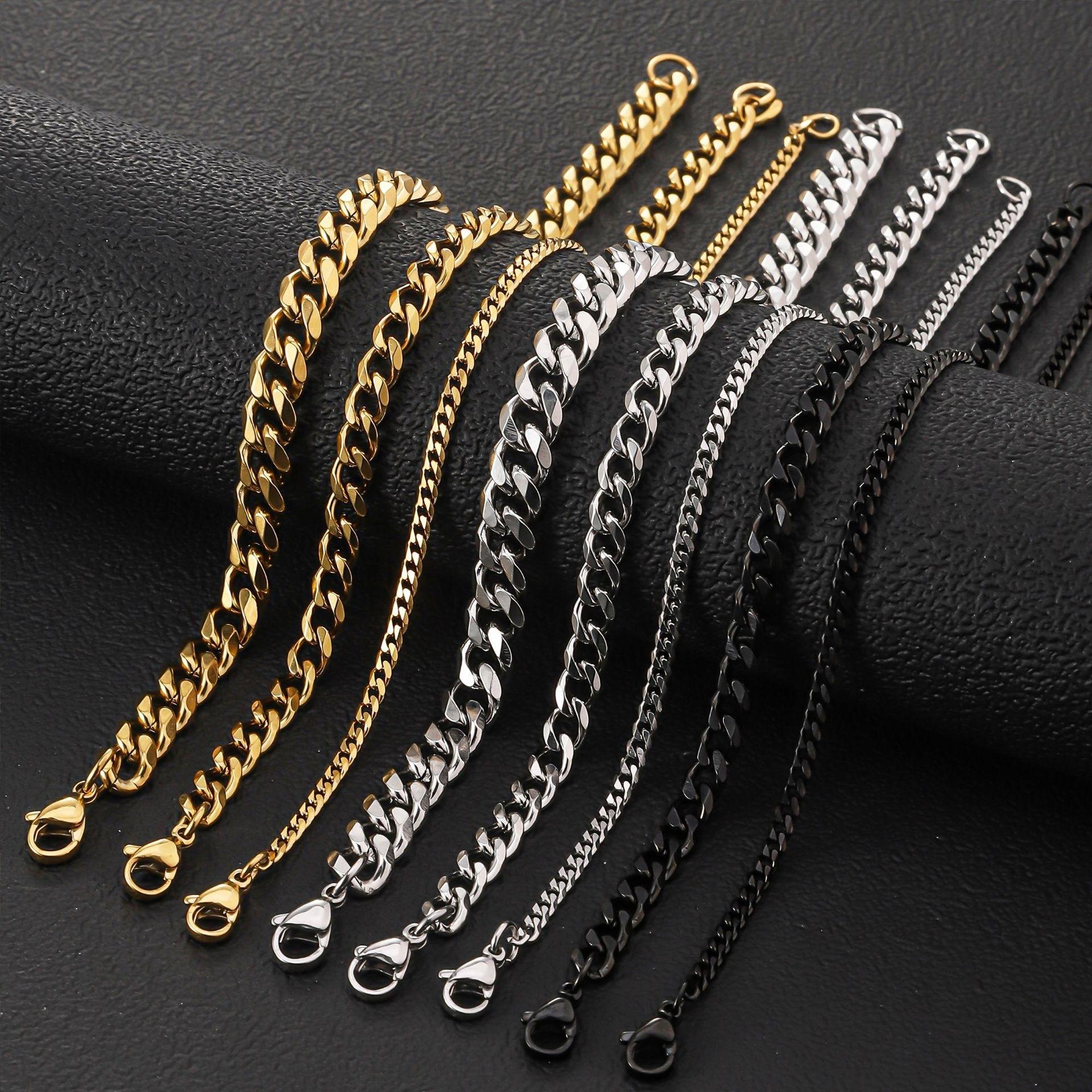 Stainless Steel Six-Sided Polished Bracelet, Cross-Border Hot-Selling Men's Fashion Simple Cuban Bracelet, 18K Gold-Plated Titanium Steel Bracelet