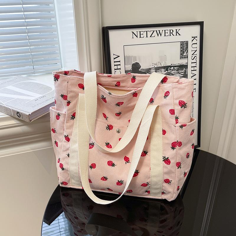 Simple Large Capacity Bag Women's 2025 New Style Fresh Strawberry Tote Bag Fashionable All-match Class Commuter Shoulder Bag