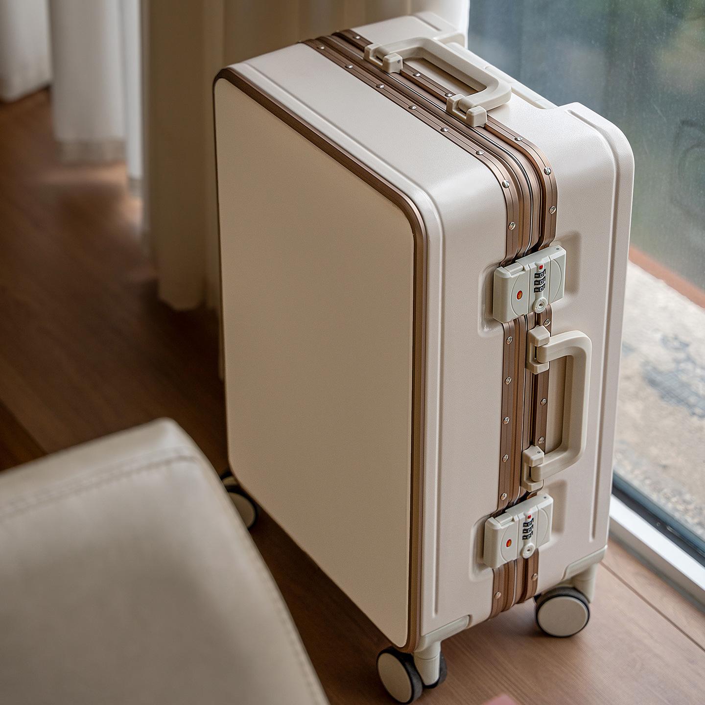 White Trolley Luggage 20inch Aluminum Frame Strong and Durable 24 Large Capacity Double Enclosed Inner Hook Mobile Phone Holder
