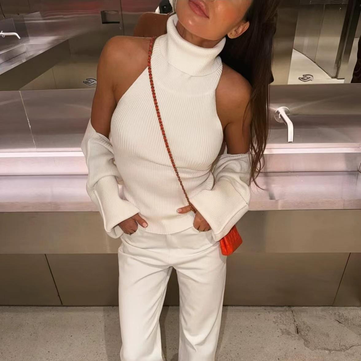 Cross-Border New Autumn Knitwear Set European Style Pullover Halter Neck Sexy Shawl Long-Sleeve Sweater Two-Piece Set for Women