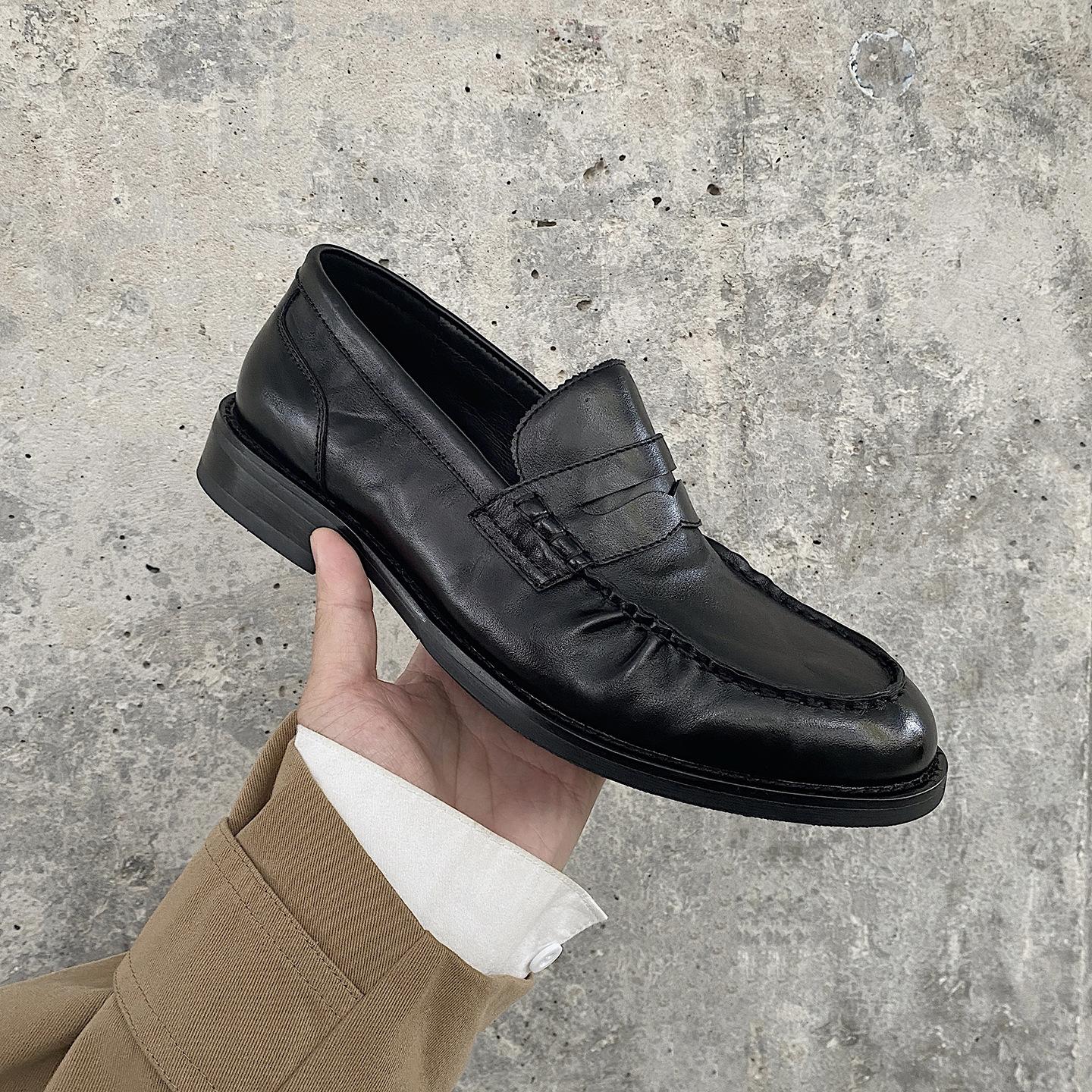 Italian Imported Calf Leather Slip-On Loafers, Genuine Leather Pleated Leather Shoes, Versatile Business Casual Leather Shoes for Work Clothing