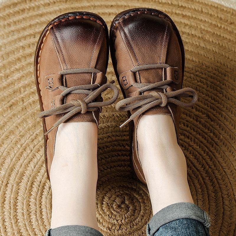 All-Cowhide 2026 Spring New Style Soft-Soled Mom Leather Shoes with Platform Thick Sole, Genuine Leather Retro Wide-Fit Women's Shoes