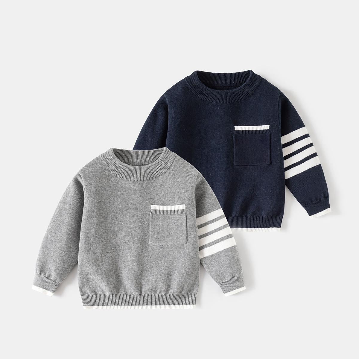 Boys' Classic New Striped Crew Neck Sweater with Color-Blocking Small Pockets, Children's Spring Casual Knit Top