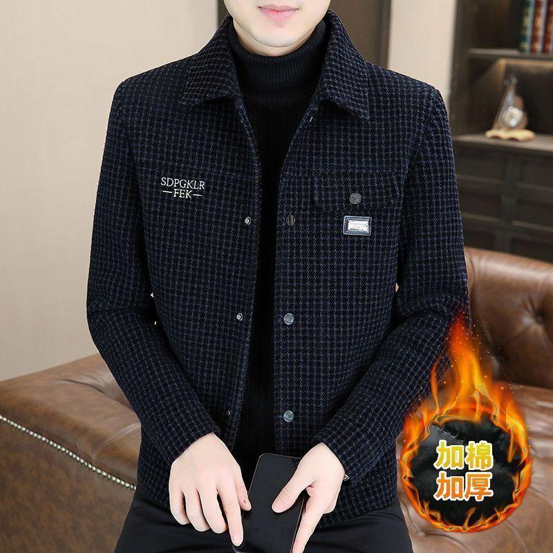 2024 Winter Men's Fleece-Lined Thick Warm Woolen Coat Casual Versatile Stylish Houndstooth Woolen Jacket Trendy