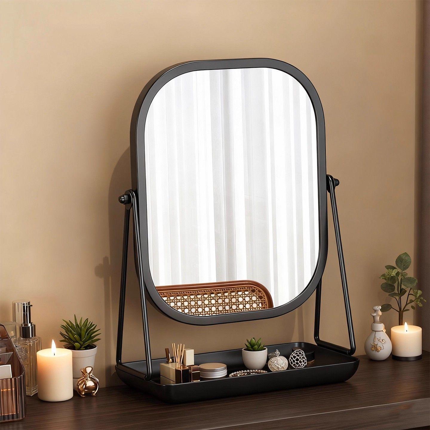 Desktop Vanity Mirror with Tray Storage Box, Foldable Makeup Mirror for Home Bedroom, Girly Mirror