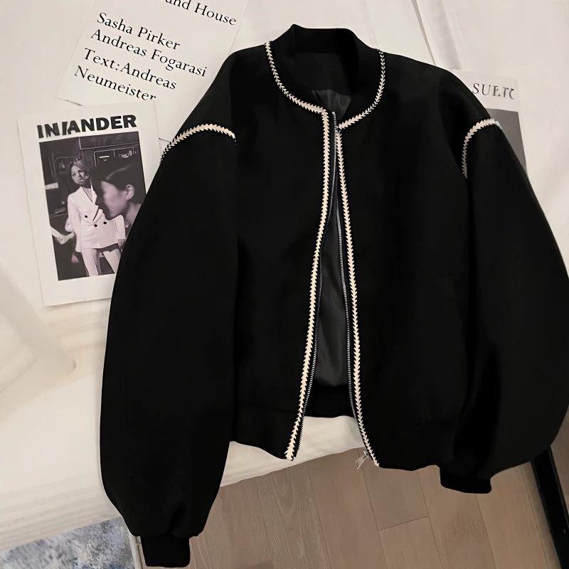 Women's baseball jacket, spring and autumn style, 2026, Chanel-inspired black top, short casual jacket for petite women