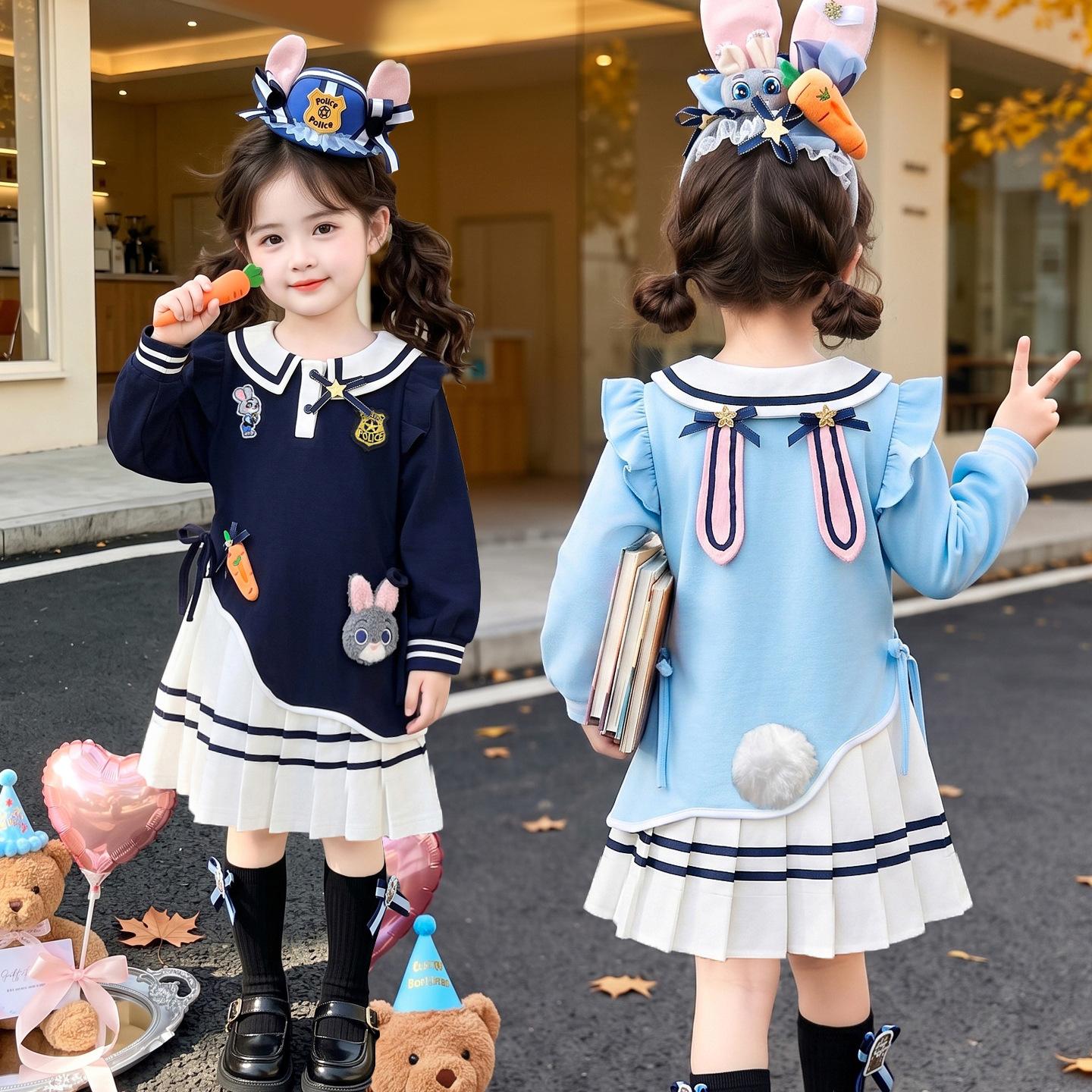 Girls' Autumn College Style Dress 26 New Model Baby Rabbit Police Officer Polo Long Sleeve Dress Children's Pleated Skirt