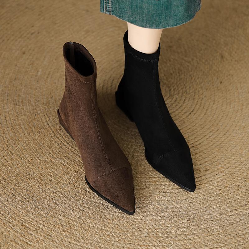 Sheepskin Version Elastic Slim Boots for Women 2026 New Autumn and Winter Slimming Look Boots with Back Zipper, Chunky Heel, French Pointed Toe Short Boots