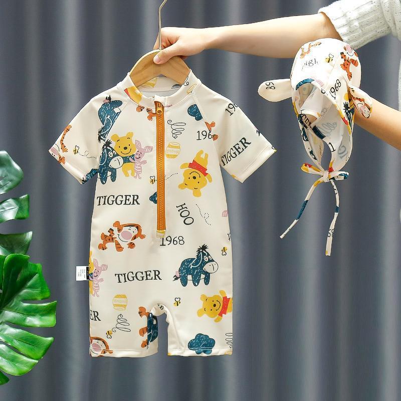 Boys' 2026 New Style Sun-Protective Swimsuit and Swim Cap, Trendy One-Piece Swimwear for Children, Fashionable Baby Hot Spring Beach Vacation