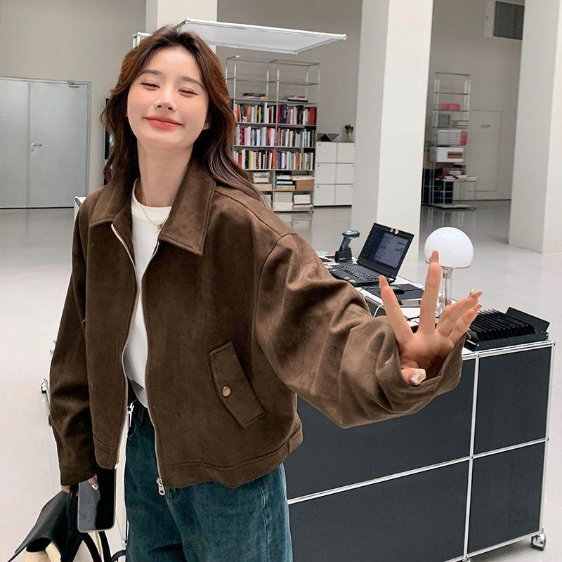 Maillard Short Suede Jacket for Women, Spring & Fall American Retro Lazy Chic, Cool and Sassy Leather Jacket