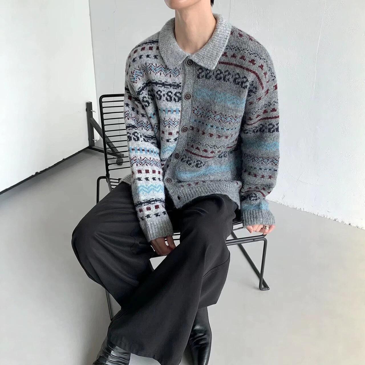 2026 Fall/Winter New Cardigan Sweater American Retro Casual Lazy Style Knitwear Men's Color Block Jacket