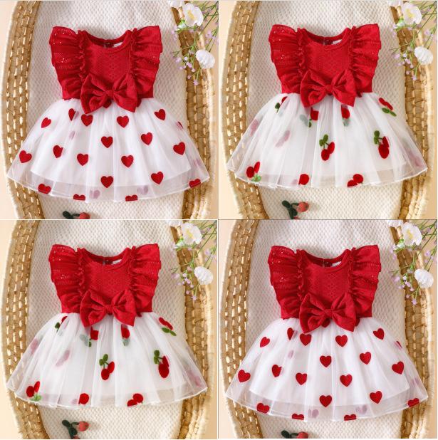 2026 New Sweet Cherry Princess Dress for Infants and Toddlers: Hollow Embroidered Top + Cherry Mesh Puffy Skirt