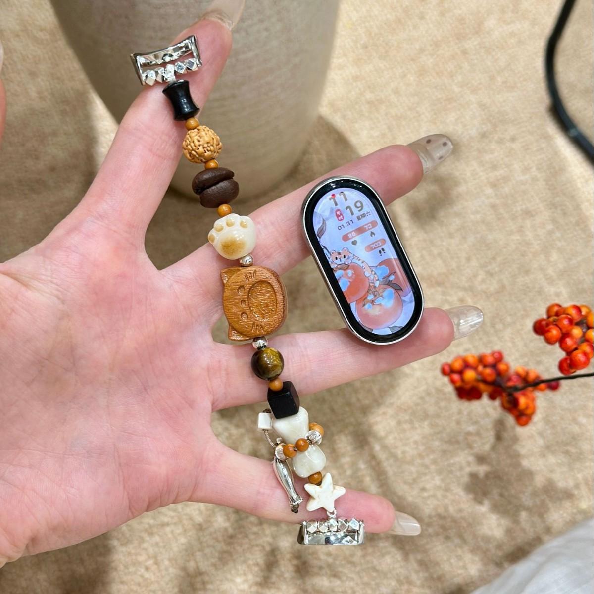 Popular Sandalwood Bodhi Bracelet-Style Watch Band Suitable for Xiaomi 10 Watch Band Single Bead Chain Xiaomi Mi Band 9/8 Nfc Watch Band