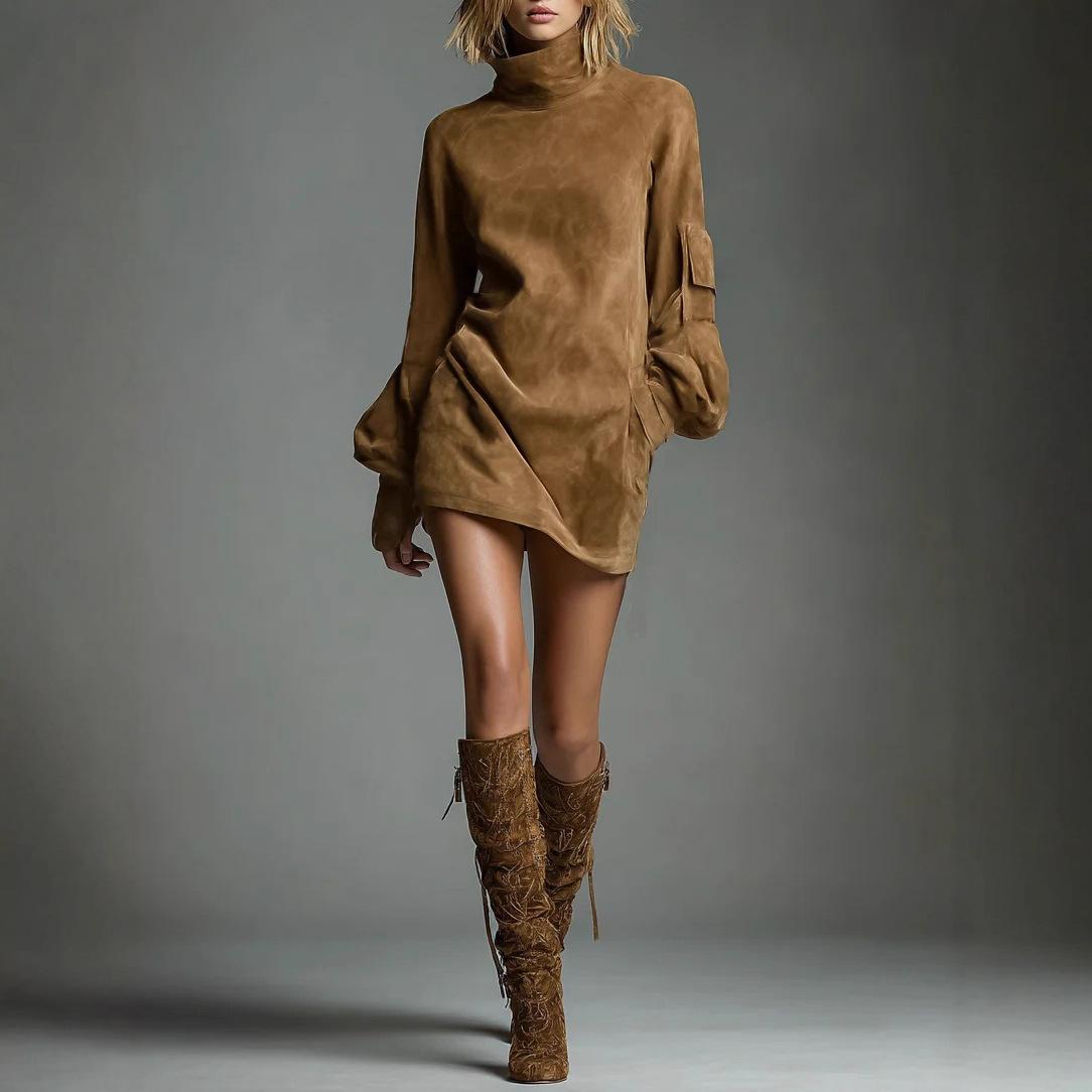 2026 European and American Cross-Border High-End Women's Clothing Retro Lapel Faux Suede Short Dress Autumn and Winter New Long-Sleeved Short Dress