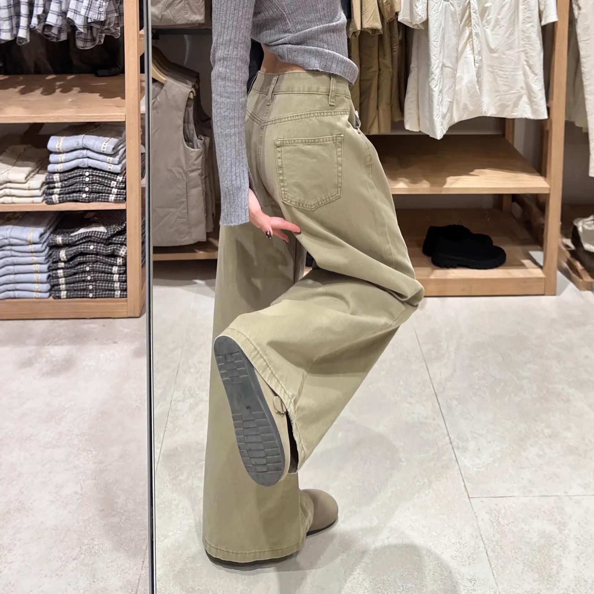 New American Retro Khaki Flared Jeans for Women, Spring and Summer Low-Waist Straight-Leg Wide-Leg Floor-Length Pants