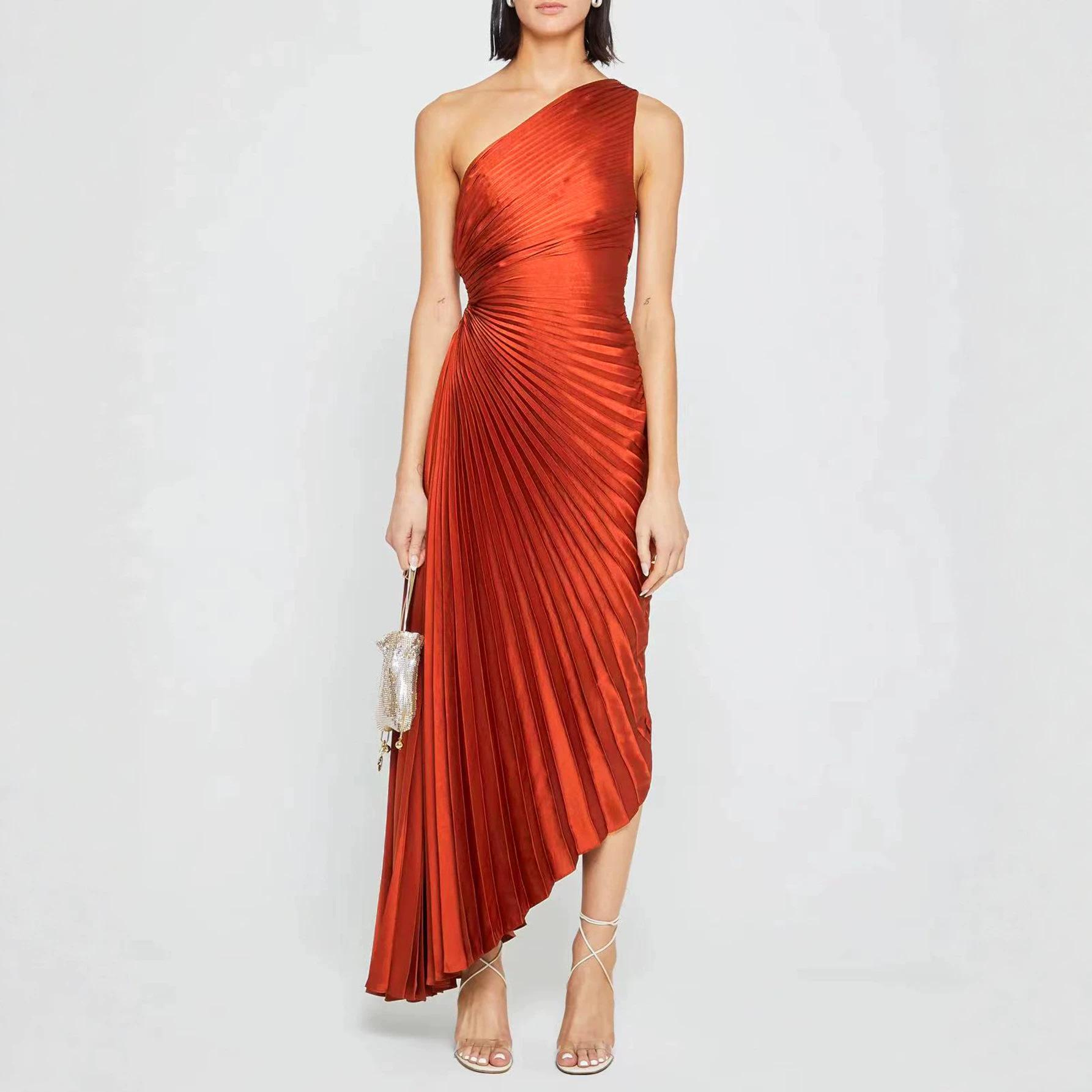 In-Stock Foreign Trade 2026 New Summer European and American Cross-Border Satin Pleated Fashion Party Dress One-Shoulder Dress for Women