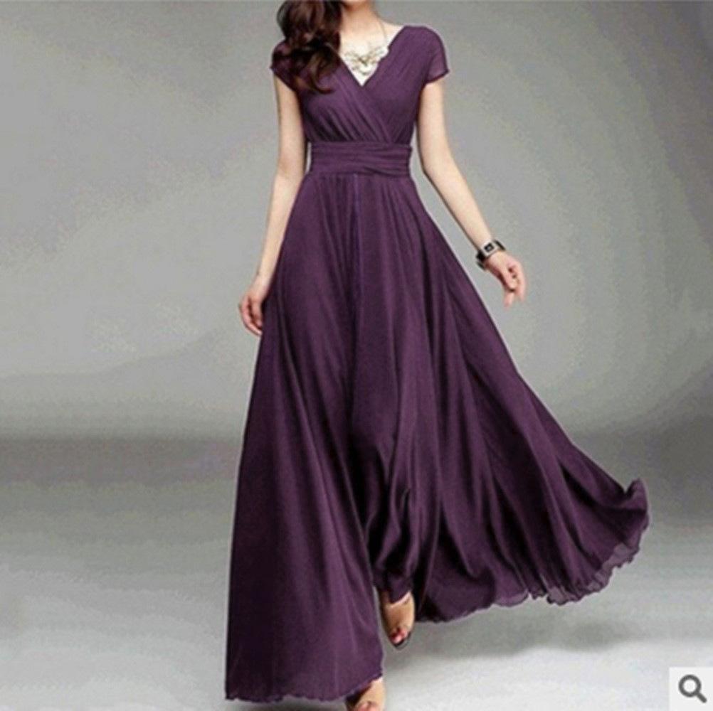 Aliexpress Amazon European and American V-Neck Short-Sleeved Bohemian Chiffon Waist-Cinching Slimming Belly-Covering Dress Gown