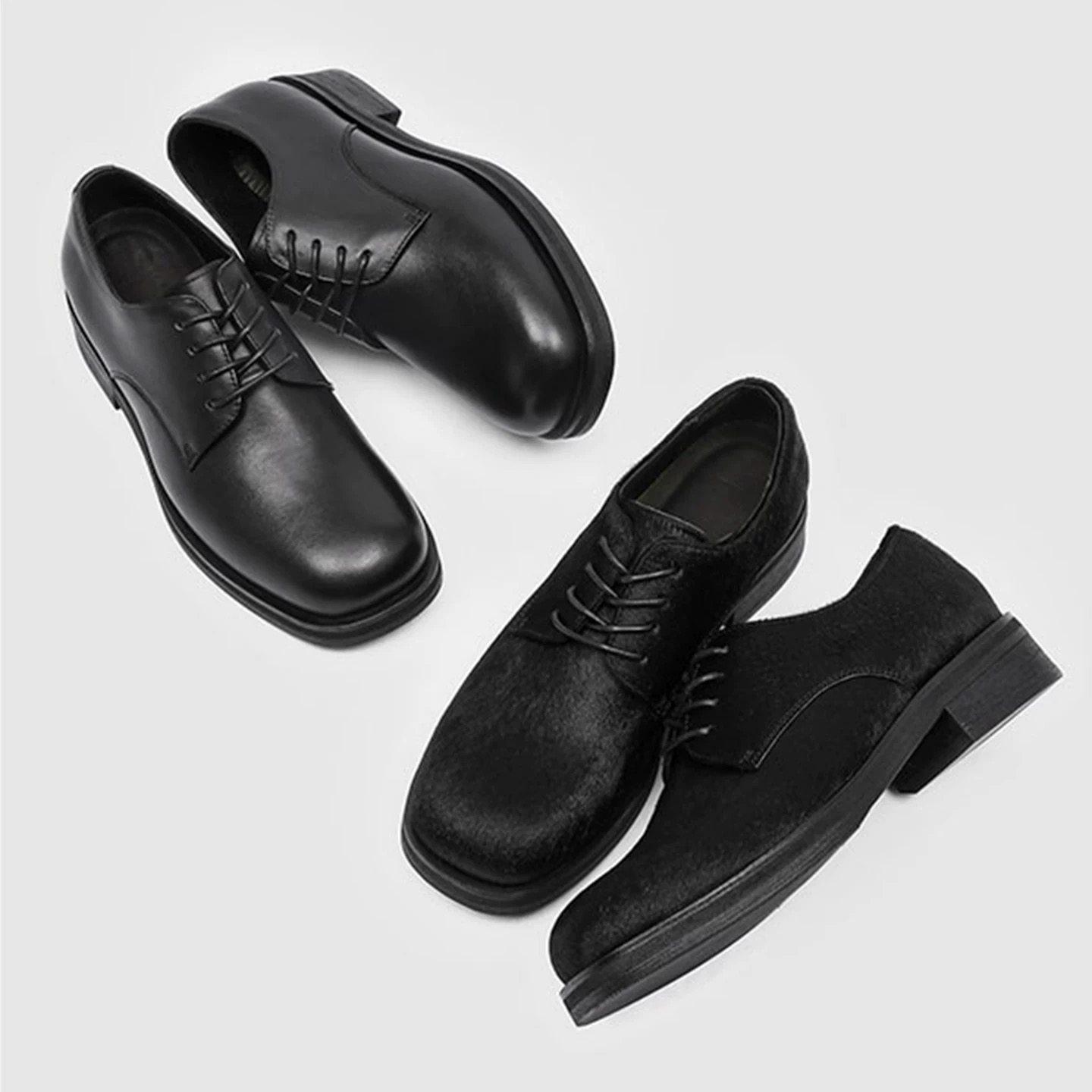 Horsehair Derby Old Money Style Square-Toe Loafers Retro Commuting Business Formal Versatile Casual Leather Shoes for Men