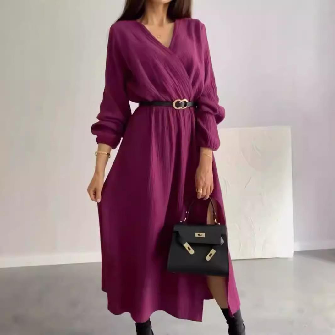 2025 Autumn/Winter European and American Foreign Trade New Women's Clothing Amazon Cross-Border Long-Sleeve Solid Color Long Dress Solid Color Waist-Cinching Dress