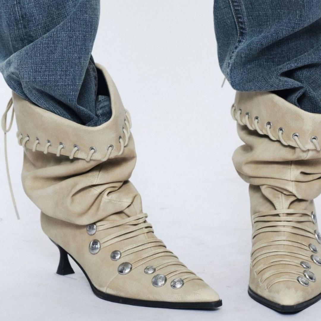 In Stock~Sheepskin~Rubbed Color Metal Lace-Up Short Boots for Women, Pointed Toe, Punk Style, Thin Heel, Mid-Calf Leather Boots, Slouchy Boots