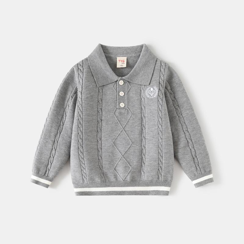 European and American Style Children's Clothing, Boys' Floral Polo Collar Sweater, Small and Medium-Sized Children's Half-Button Knit Sweater, Baby Pullover