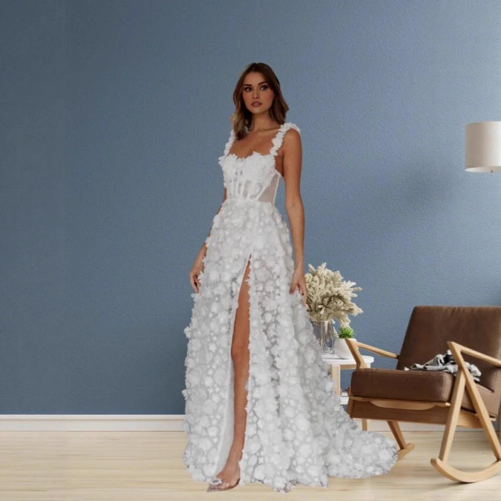 Cross-border foreign trade white strapless long wedding dress with slit design, high-end bridal gown, slim-fit elegant evening dress