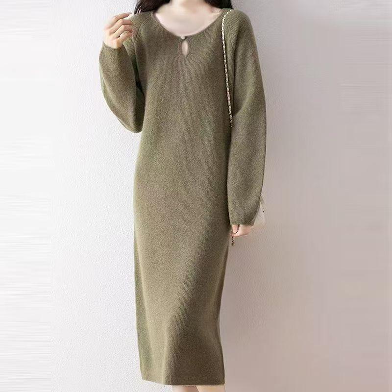 Solid Color Dress Spring, Autumn and Winter New Style Women's Round Neck Elegant Mid-Length Loose Slimming Look Knitwear Western Style Bottoming Skirt