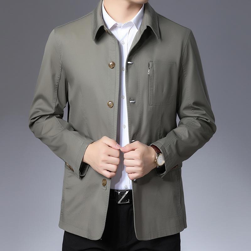 Spring and Autumn Men's New Middle-aged and Elderly Dad's Solid Color Lapel Casual Jacket Pure Cotton Business Jacket for Men